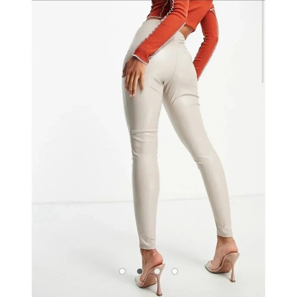 Missy Empire high waist leather look legging in ecru Stone Women’s Size US 8 New - Picture 2 of 16